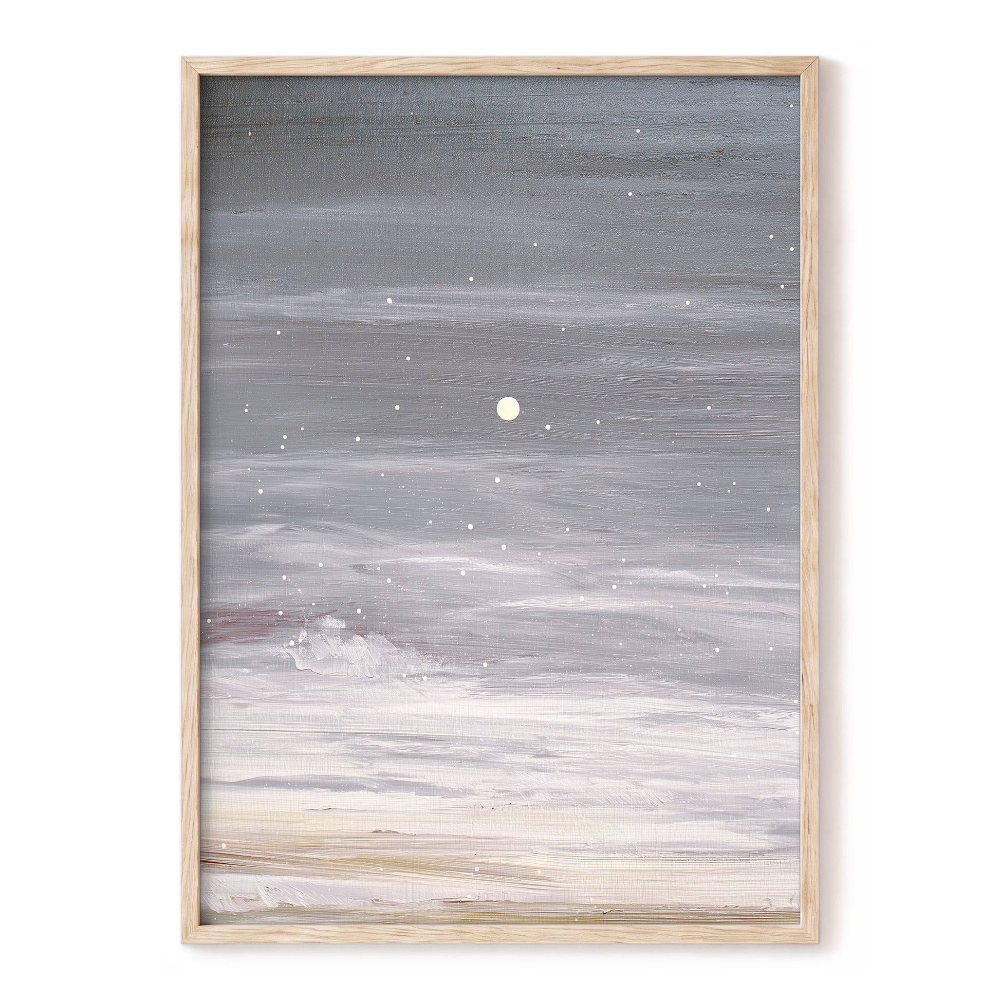 Moonlit Snowfall, gray, white, beige nature wall art, front artwork view