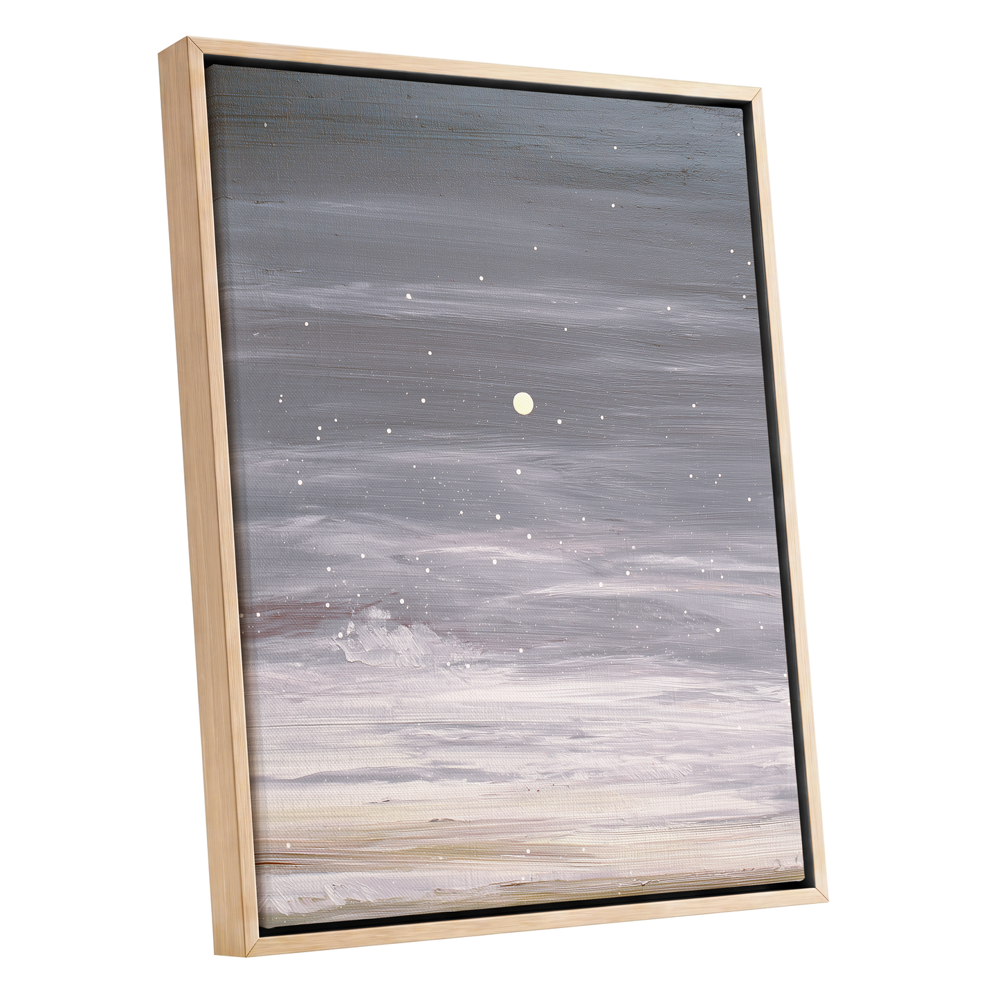 Moonlit Snowfall, gray, white, beige nature wall art shown as a oak framed canvas wall art