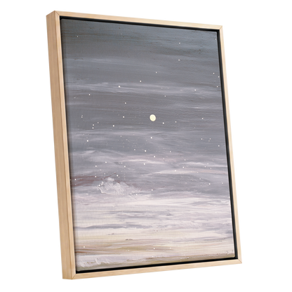 Moonlit Snowfall, gray, white, beige nature wall art shown as a oak framed canvas wall art