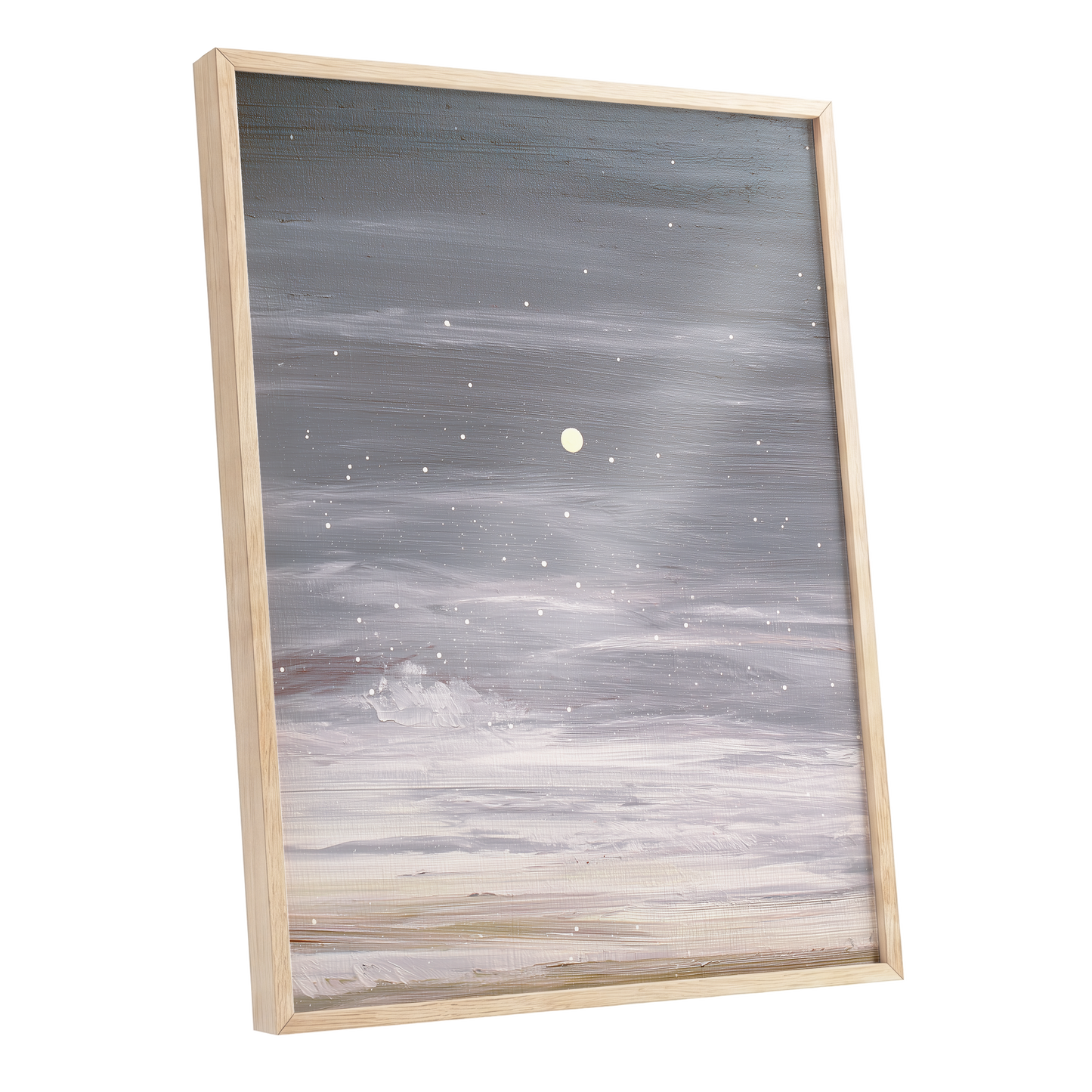 Moonlit Snowfall, gray, white, beige nature wall art shown as a oak framed poster wall art print