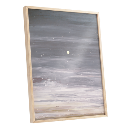 Moonlit Snowfall, gray, white, beige nature wall art shown as a oak framed poster wall art print
