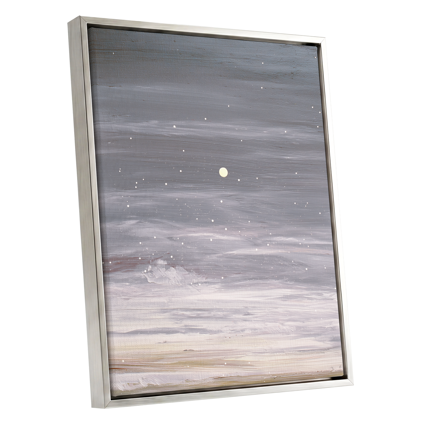 Moonlit Snowfall, gray, white, beige nature wall art shown as a silver framed canvas wall art