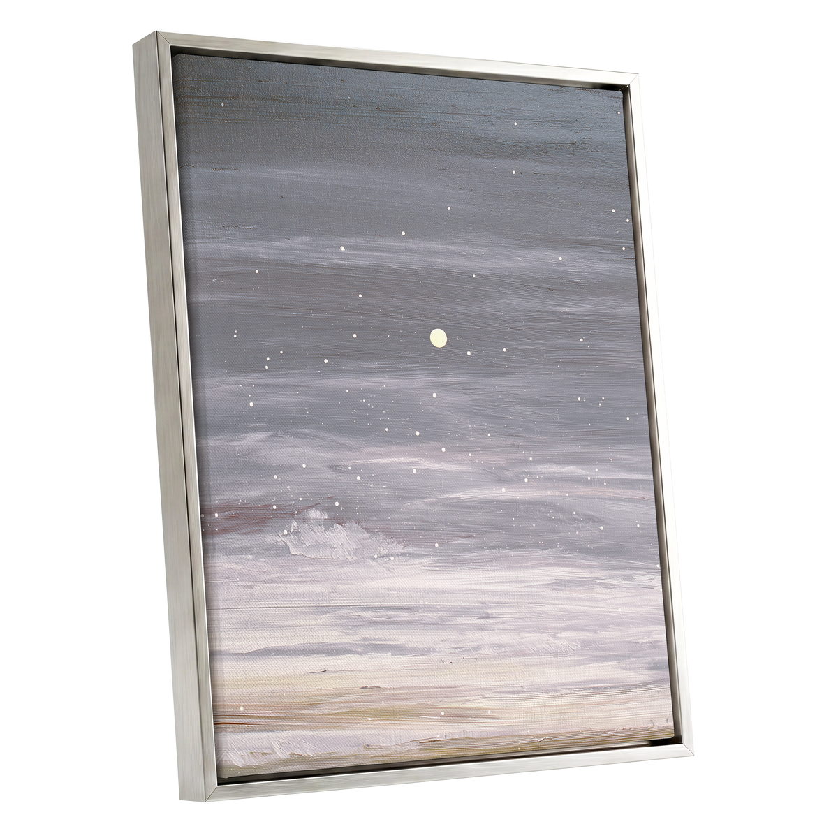 Moonlit Snowfall, gray, white, beige nature wall art shown as a silver framed canvas wall art