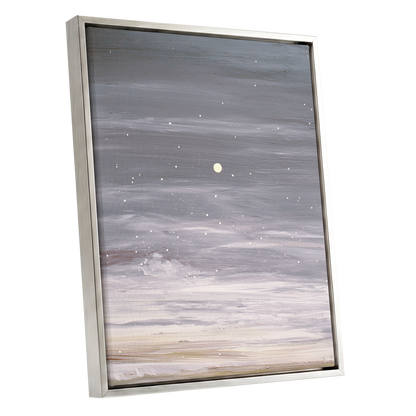 Moonlit Snowfall, gray, white, beige nature wall art shown as a silver framed canvas wall art