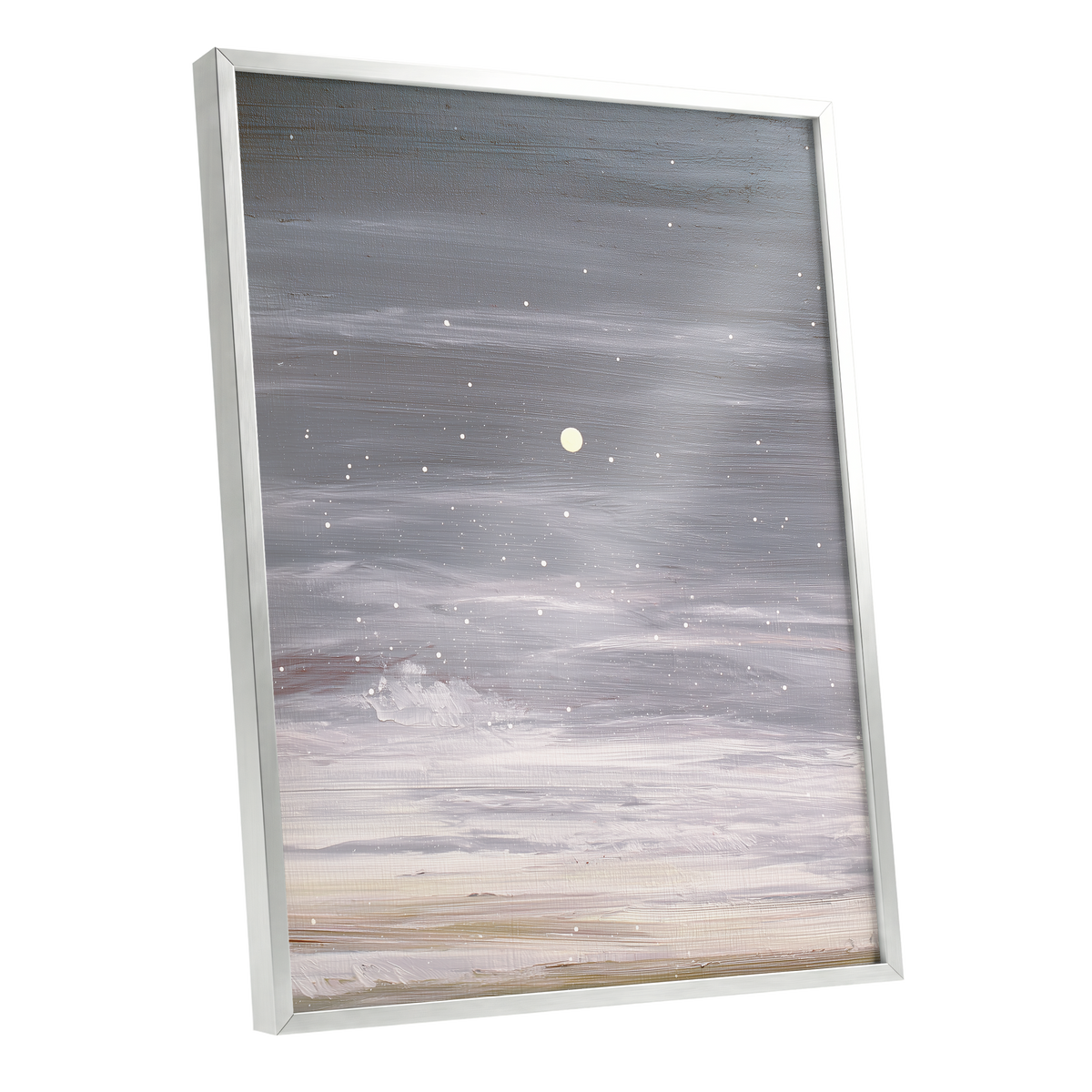 Moonlit Snowfall, gray, white, beige nature wall art shown as a silver framed poster wall art print