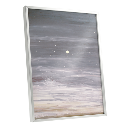 Moonlit Snowfall, gray, white, beige nature wall art shown as a silver framed poster wall art print