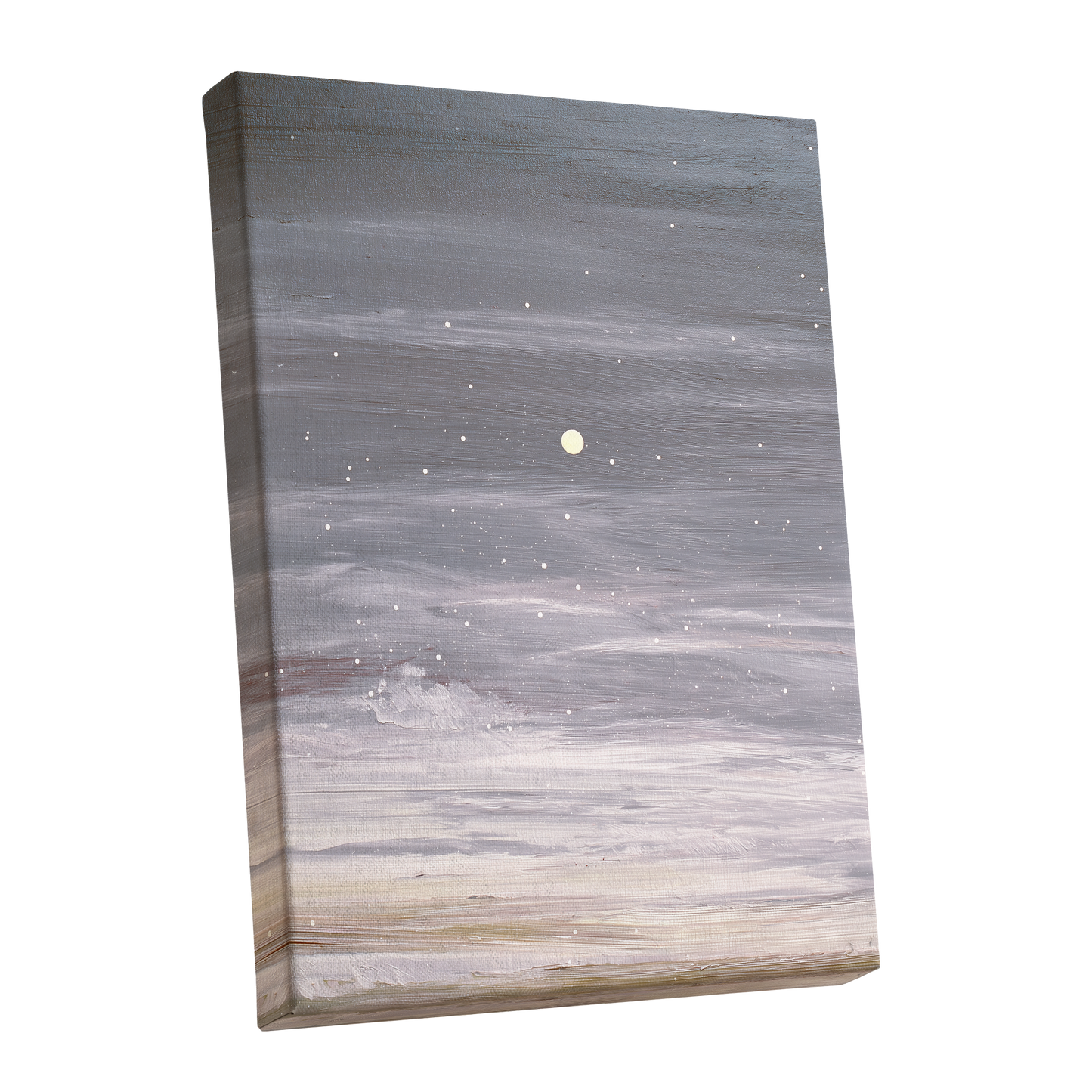 Moonlit Snowfall, gray, white, beige nature wall art shown as a stretched canvas wall art