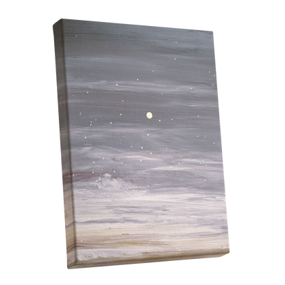 Moonlit Snowfall, gray, white, beige nature wall art shown as a stretched canvas wall art