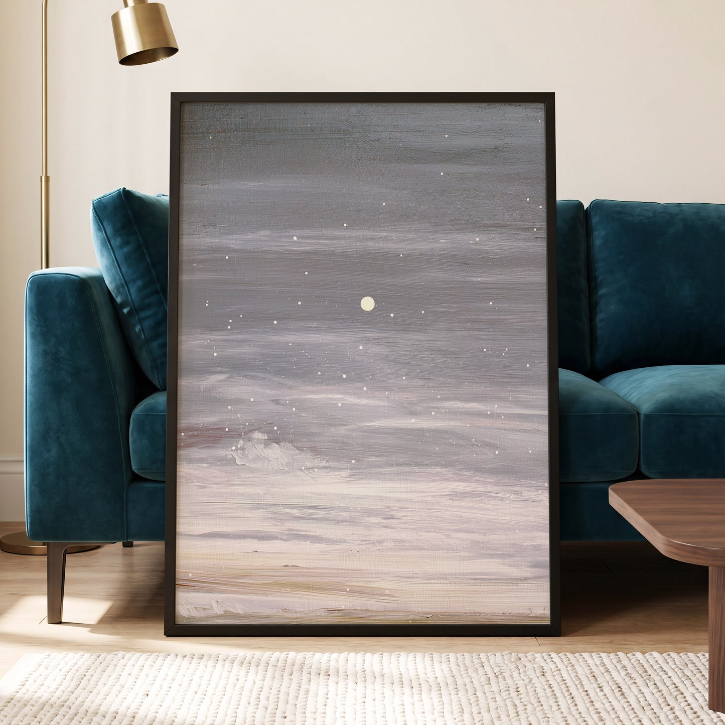 Moonlit Snowfall, gray, white, beige nature wall art displayed in a styled interior, gallery view 2