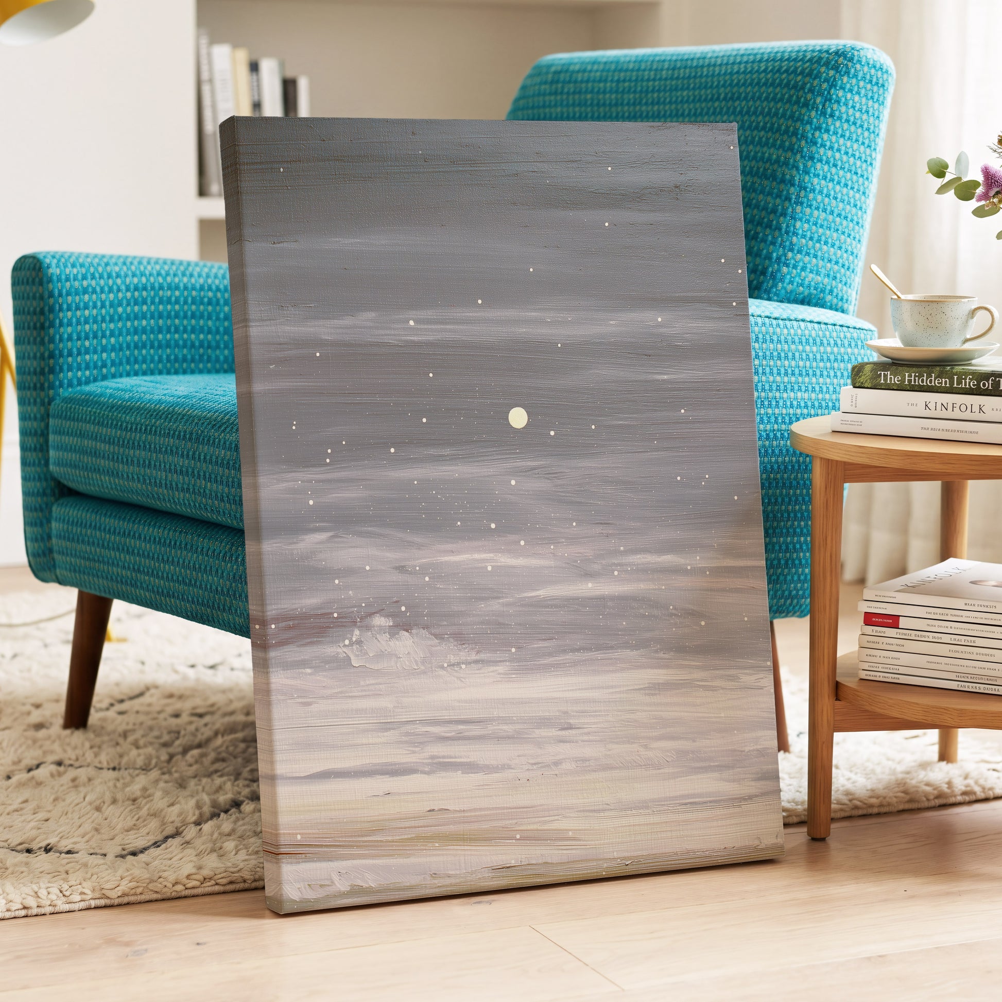 Moonlit Snowfall, gray, white, beige nature wall art displayed in a styled interior, gallery view 3