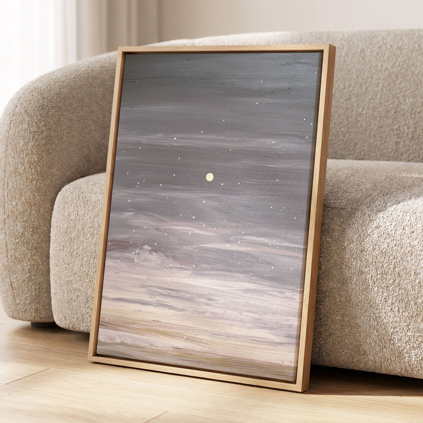 Moonlit Snowfall, gray, white, beige nature wall art displayed in a styled interior, gallery view 4