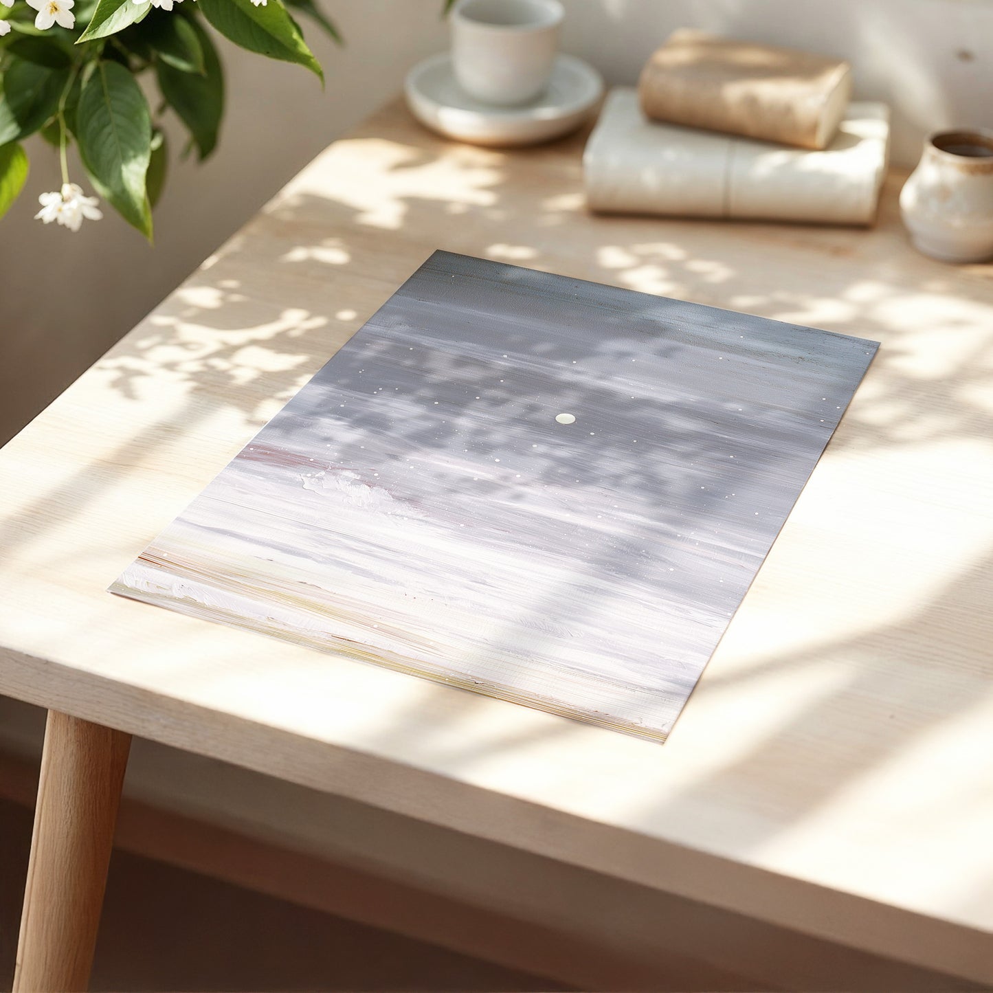 Moonlit Snowfall, gray, white, beige nature wall art displayed in a styled interior, gallery view 5