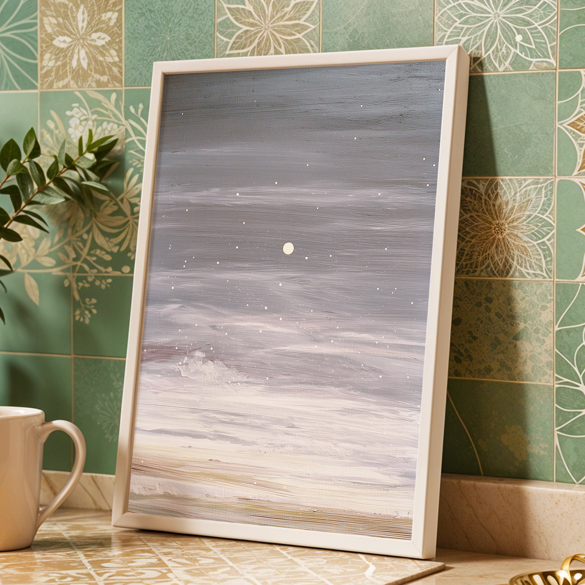 Moonlit Snowfall, gray, white, beige nature wall art displayed in a styled interior, gallery view 6