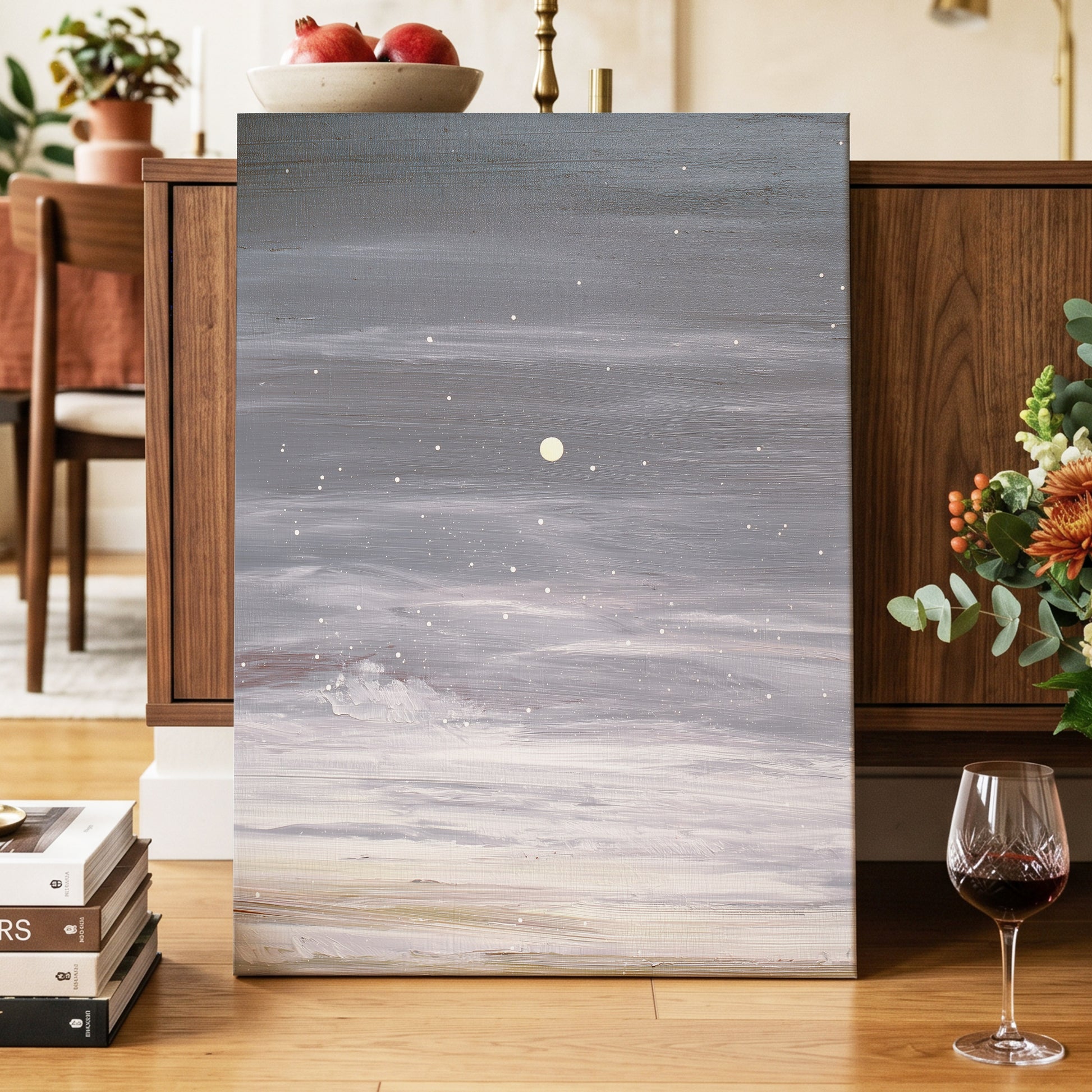 Moonlit Snowfall, gray, white, beige nature wall art displayed in a styled interior, gallery view 7