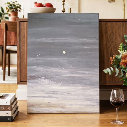 Moonlit Snowfall, gray, white, beige nature wall art displayed in a styled interior, gallery view 7