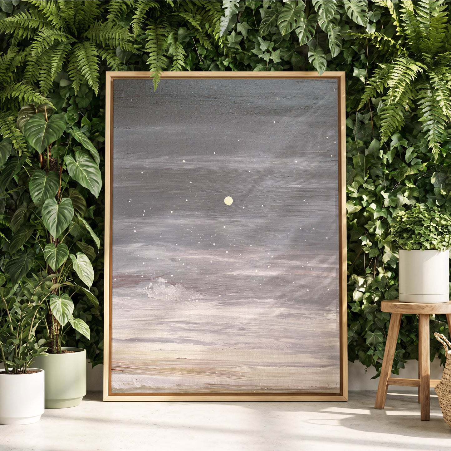 Moonlit Snowfall, gray, white, beige nature wall art displayed in a styled interior, gallery view 8