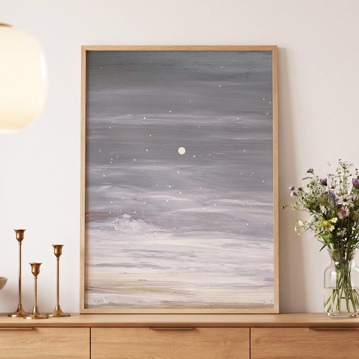 Moonlit Snowfall, gray, white, beige nature wall art displayed in a styled interior, gallery view 9