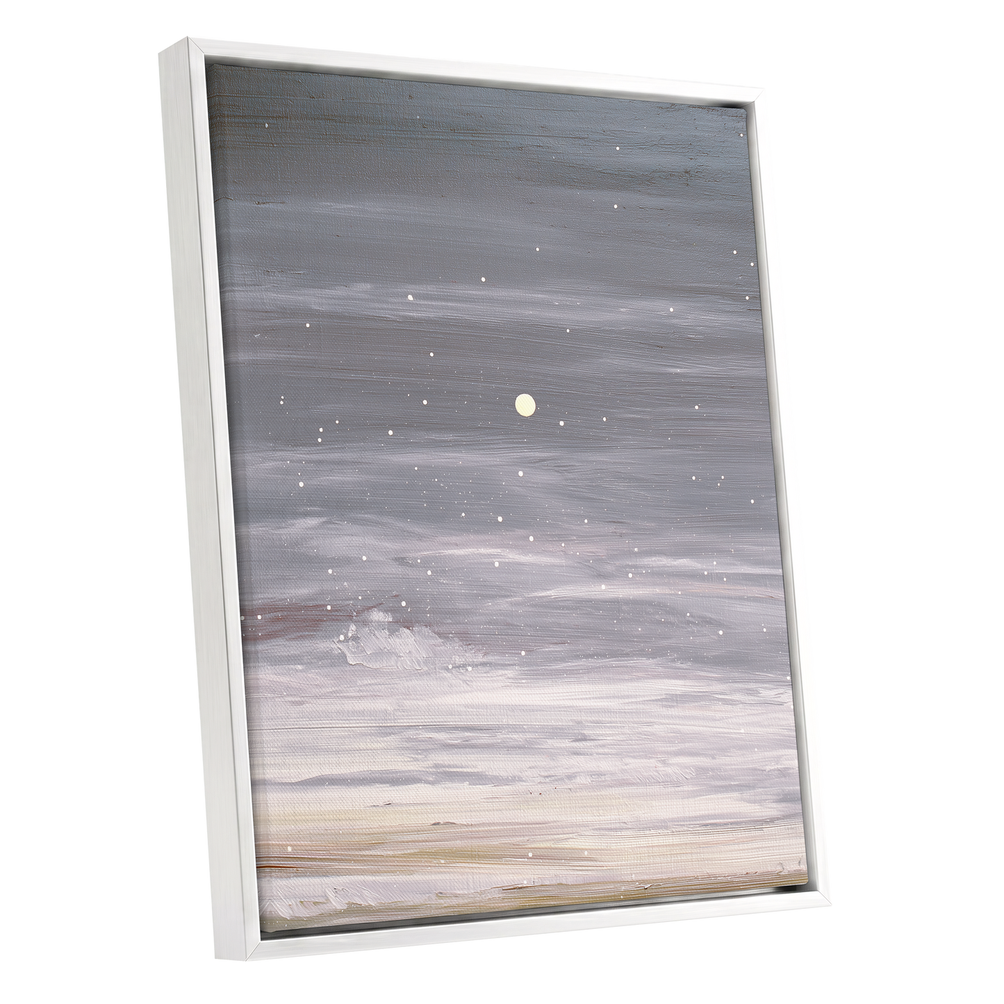 Moonlit Snowfall, gray, white, beige nature wall art shown as a white framed canvas wall art