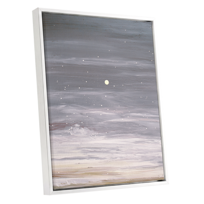 Moonlit Snowfall, gray, white, beige nature wall art shown as a white framed canvas wall art