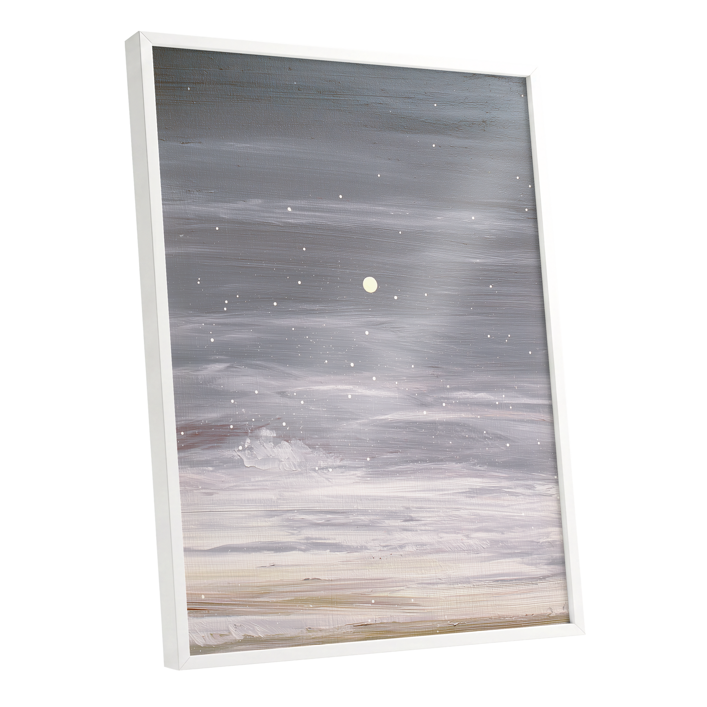 Moonlit Snowfall, gray, white, beige nature wall art shown as a white framed poster wall art print