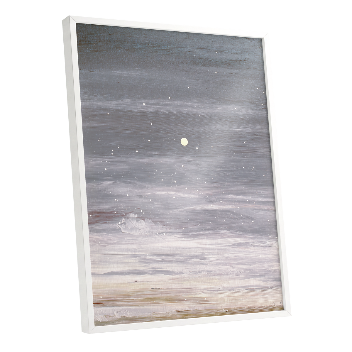 Moonlit Snowfall, gray, white, beige nature wall art shown as a white framed poster wall art print