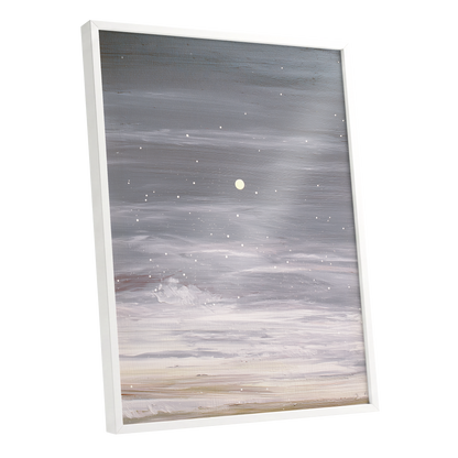 Moonlit Snowfall, gray, white, beige nature wall art shown as a white framed poster wall art print