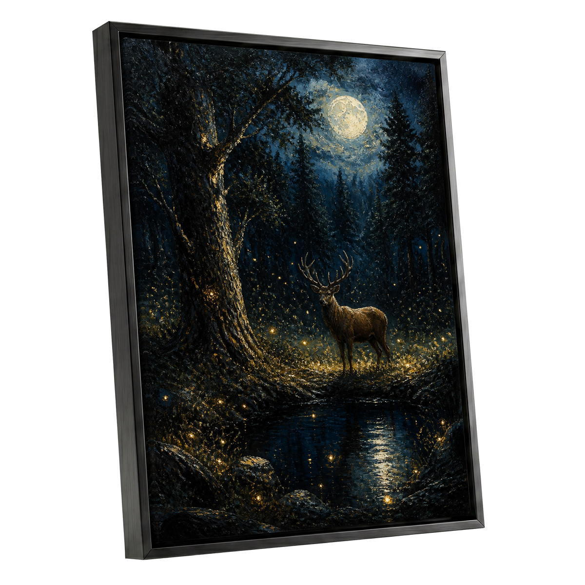 Moonlit Stag, black, blue, gold nature wall art shown as a black framed canvas wall art