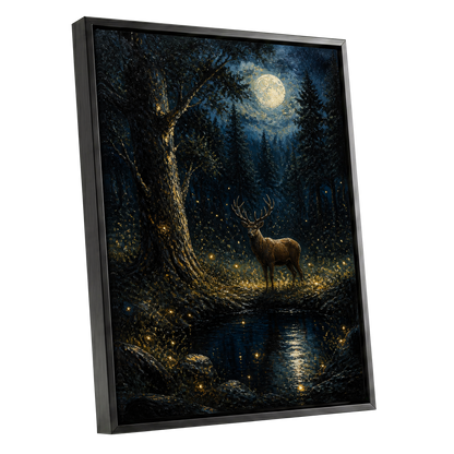 Moonlit Stag, black, blue, gold nature wall art shown as a black framed canvas wall art