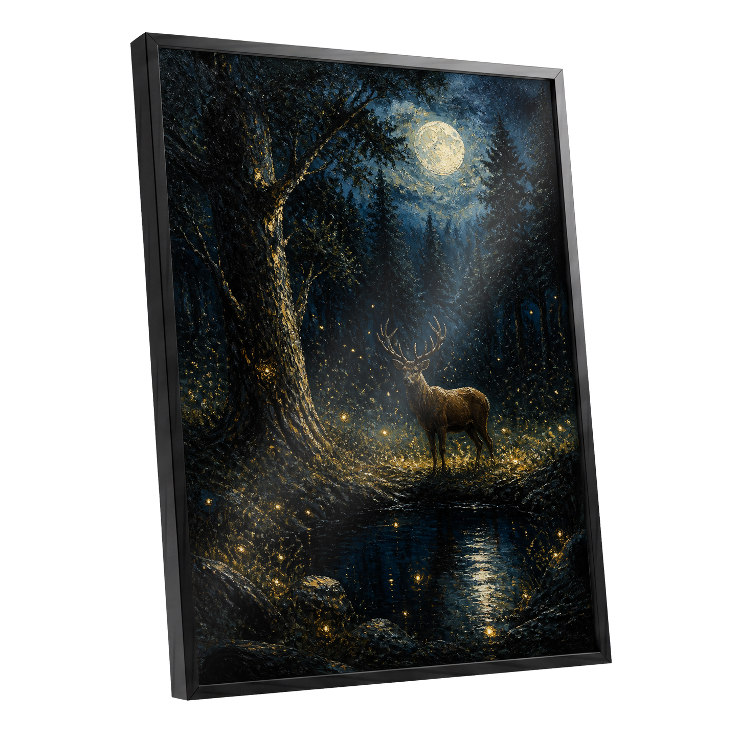 Moonlit Stag, black, blue, gold nature wall art shown as a black framed poster wall art print