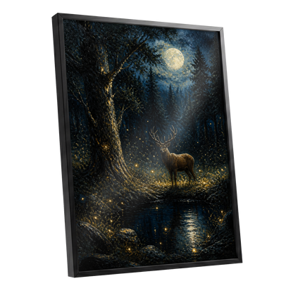 Moonlit Stag, black, blue, gold nature wall art shown as a black framed poster wall art print
