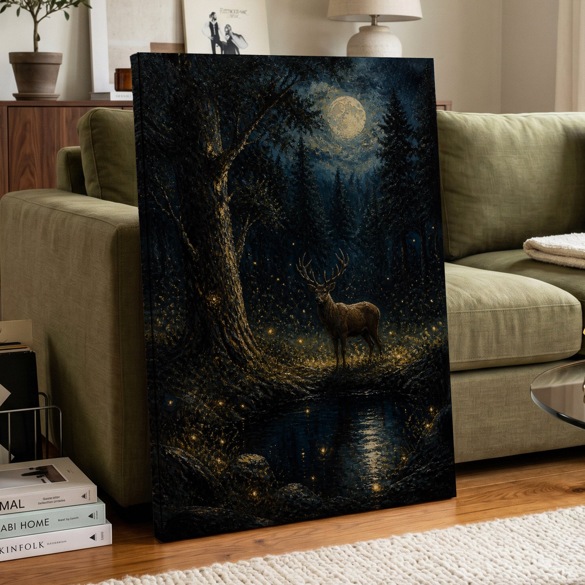 Moonlit Stag, black, blue, gold nature wall art on canvas displayed in a styled interior, gallery view 1