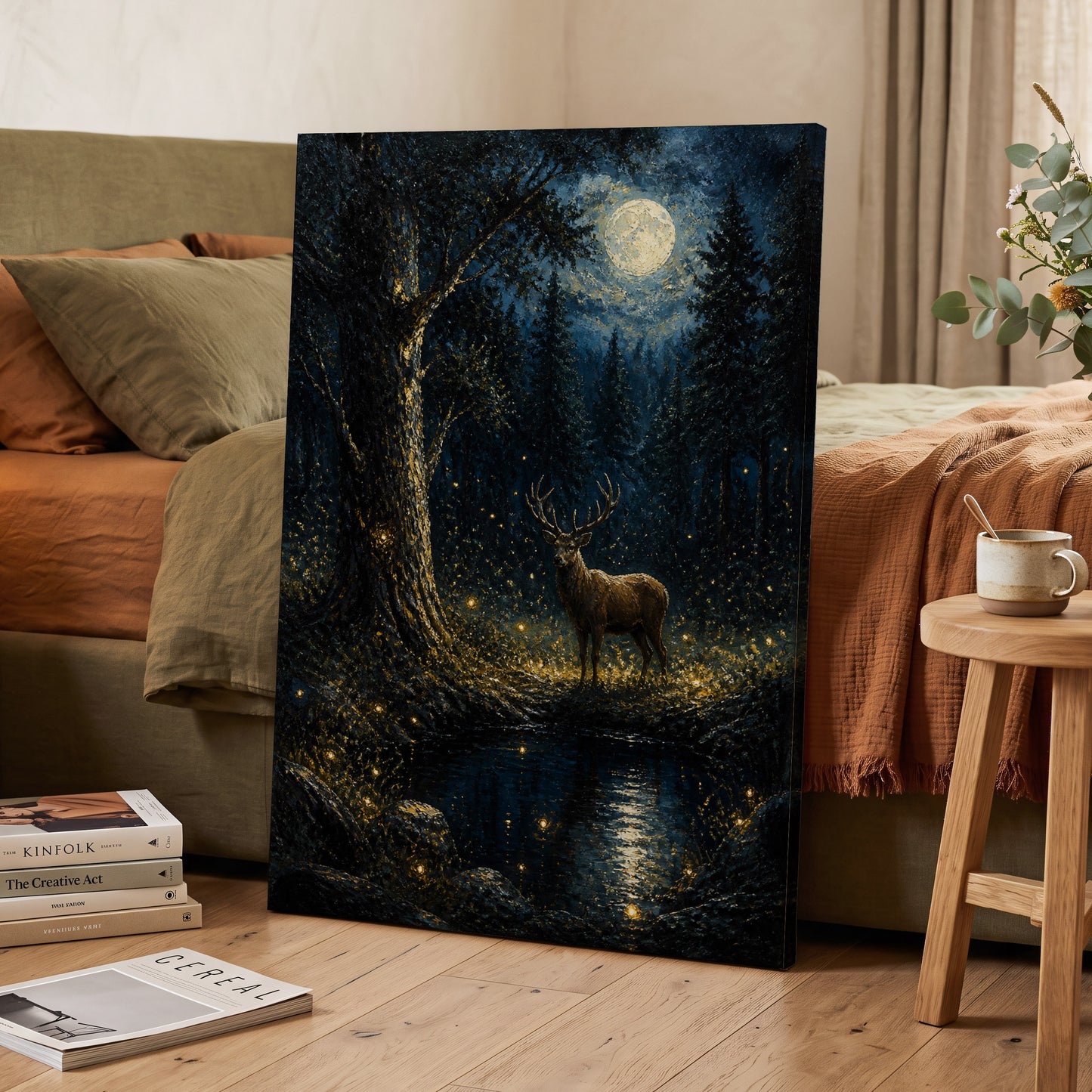 Moonlit Stag, black, blue, gold nature wall art on canvas displayed in a styled interior, gallery view 2