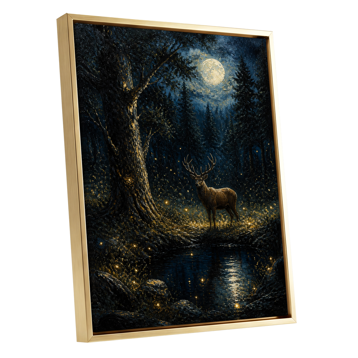 Moonlit Stag, black, blue, gold nature wall art shown as a gold framed canvas wall art