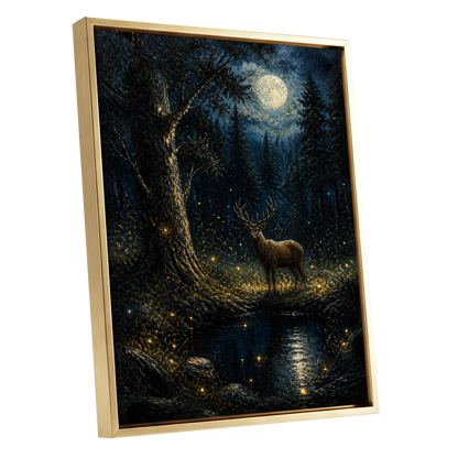 Moonlit Stag, black, blue, gold nature wall art shown as a gold framed canvas wall art