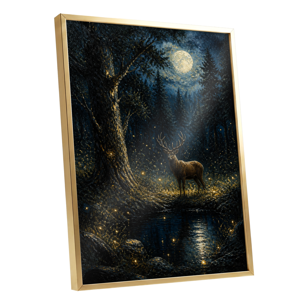 Moonlit Stag, black, blue, gold nature wall art shown as a gold framed poster wall art print
