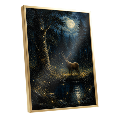Moonlit Stag, black, blue, gold nature wall art shown as a gold framed poster wall art print