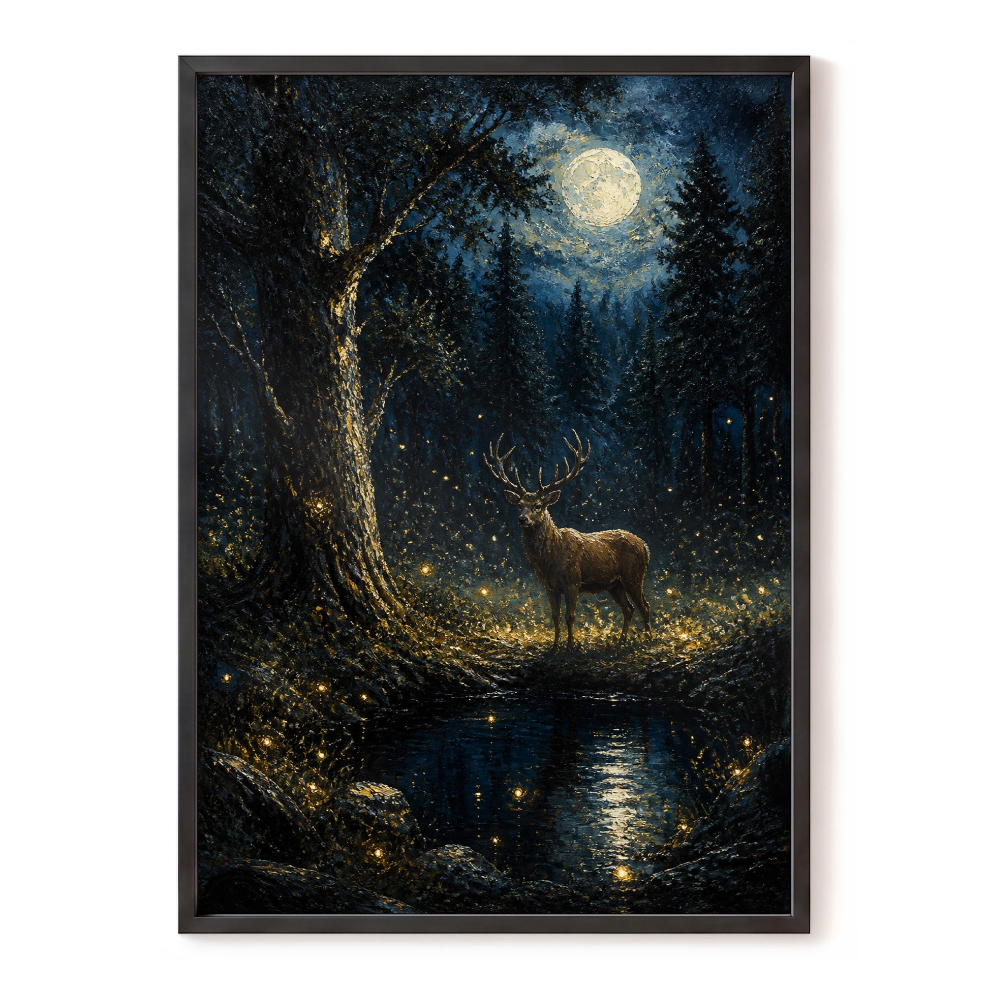 Moonlit Stag, black, blue, gold nature wall art, front artwork view
