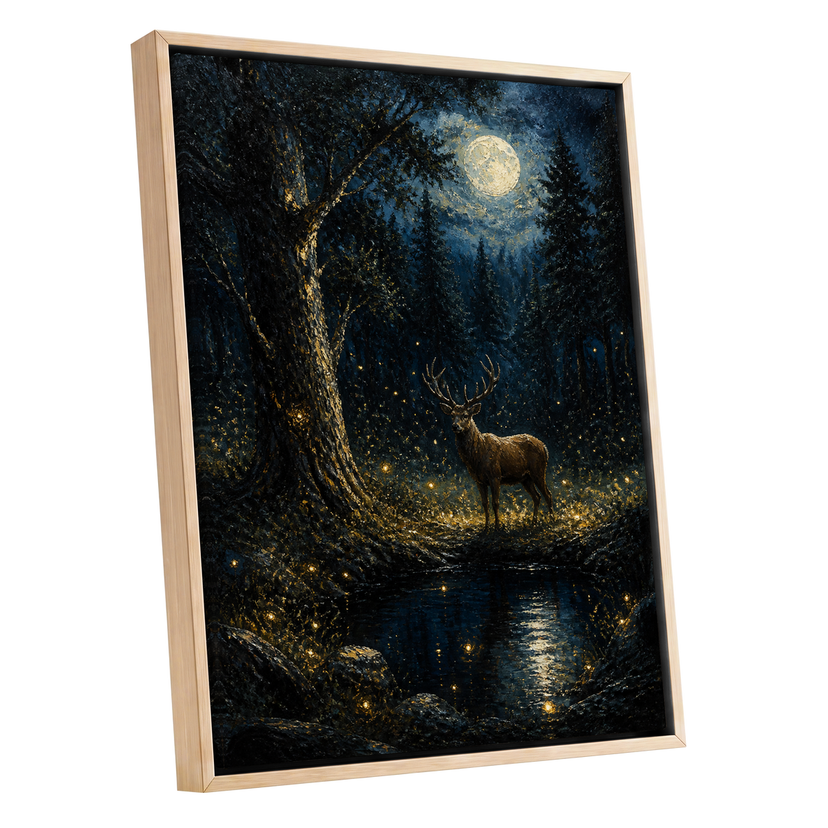 Moonlit Stag, black, blue, gold nature wall art shown as a oak framed canvas wall art