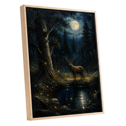 Moonlit Stag, black, blue, gold nature wall art shown as a oak framed canvas wall art
