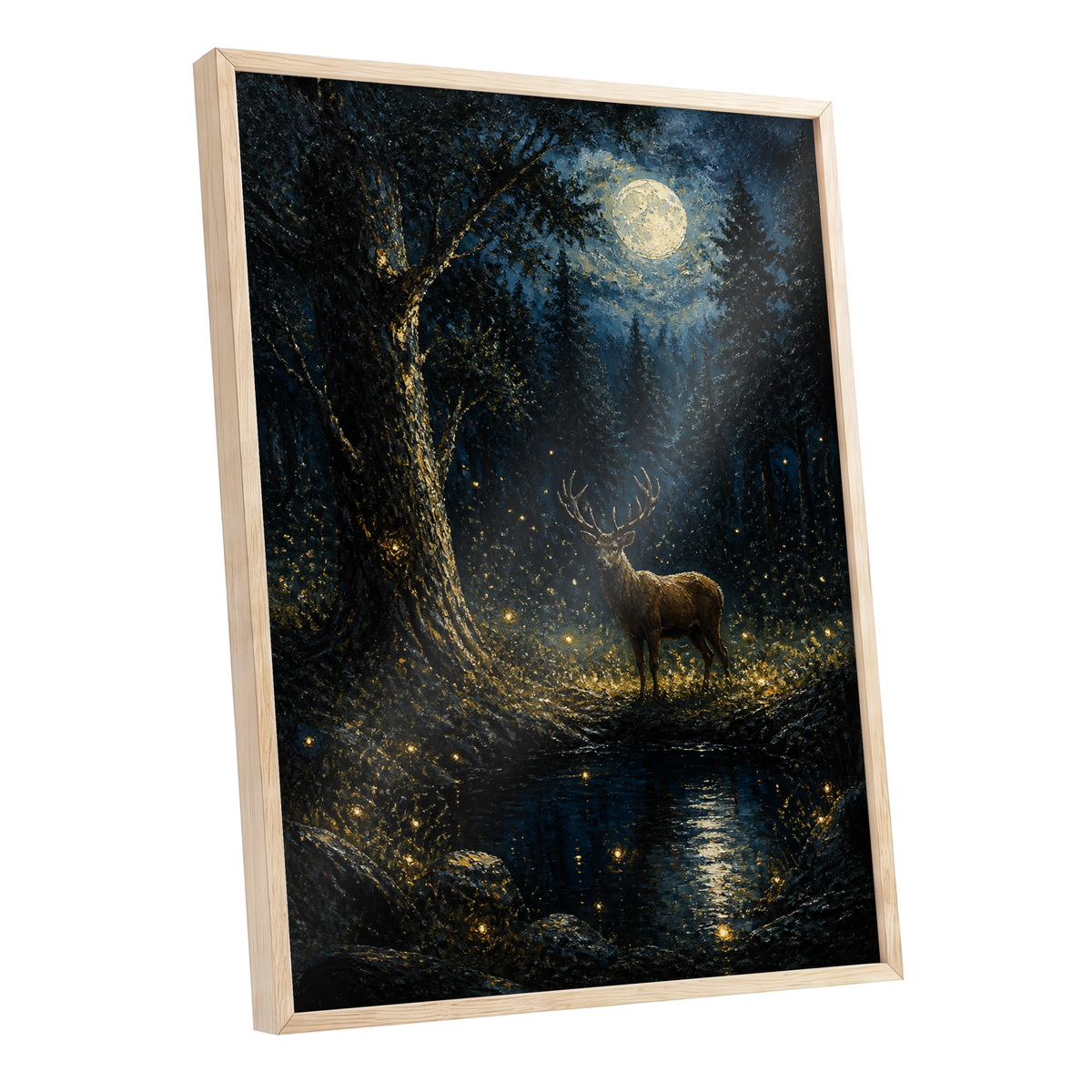 Moonlit Stag, black, blue, gold nature wall art shown as a oak framed poster wall art print