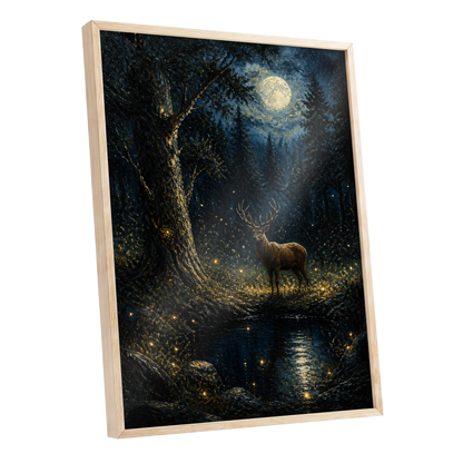 Moonlit Stag, black, blue, gold nature wall art shown as a oak framed poster wall art print