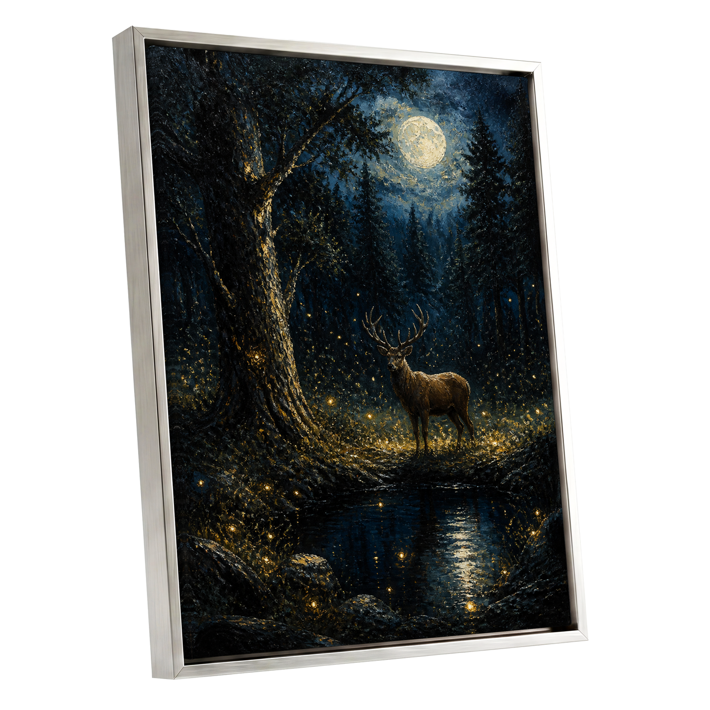 Moonlit Stag, black, blue, gold nature wall art shown as a silver framed canvas wall art