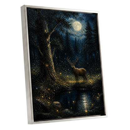 Moonlit Stag, black, blue, gold nature wall art shown as a silver framed canvas wall art
