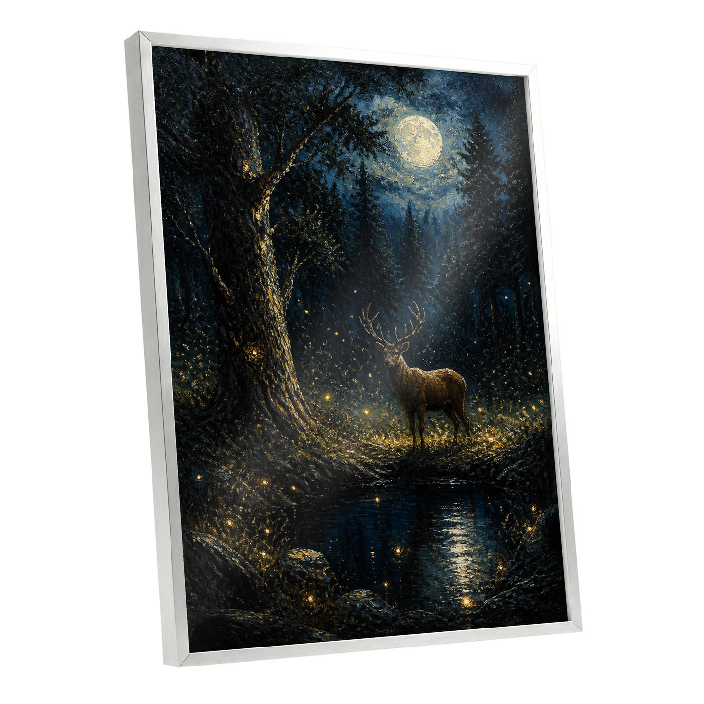 Moonlit Stag, black, blue, gold nature wall art shown as a silver framed poster wall art print