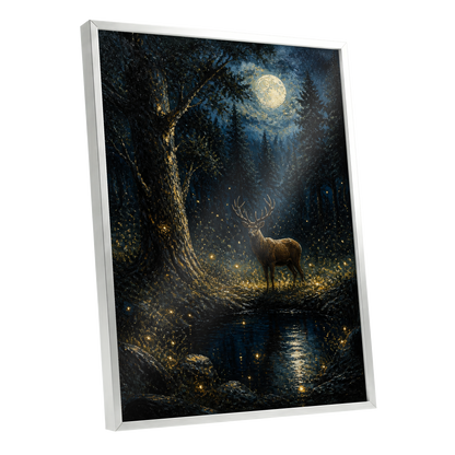 Moonlit Stag, black, blue, gold nature wall art shown as a silver framed poster wall art print