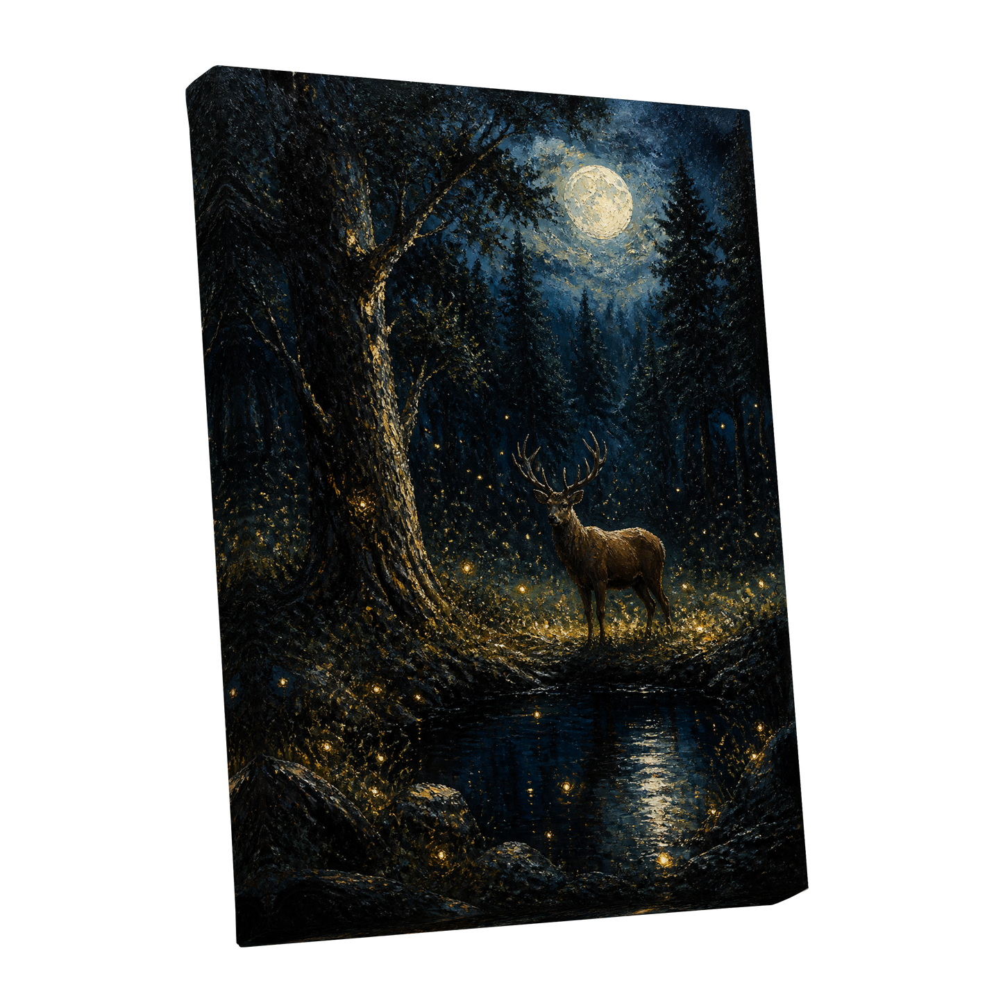 Moonlit Stag, black, blue, gold nature wall art shown as a stretched canvas wall art