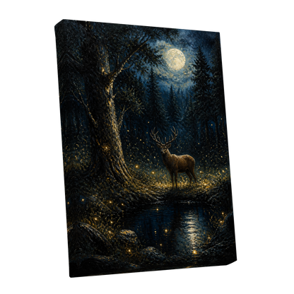 Moonlit Stag, black, blue, gold nature wall art shown as a stretched canvas wall art