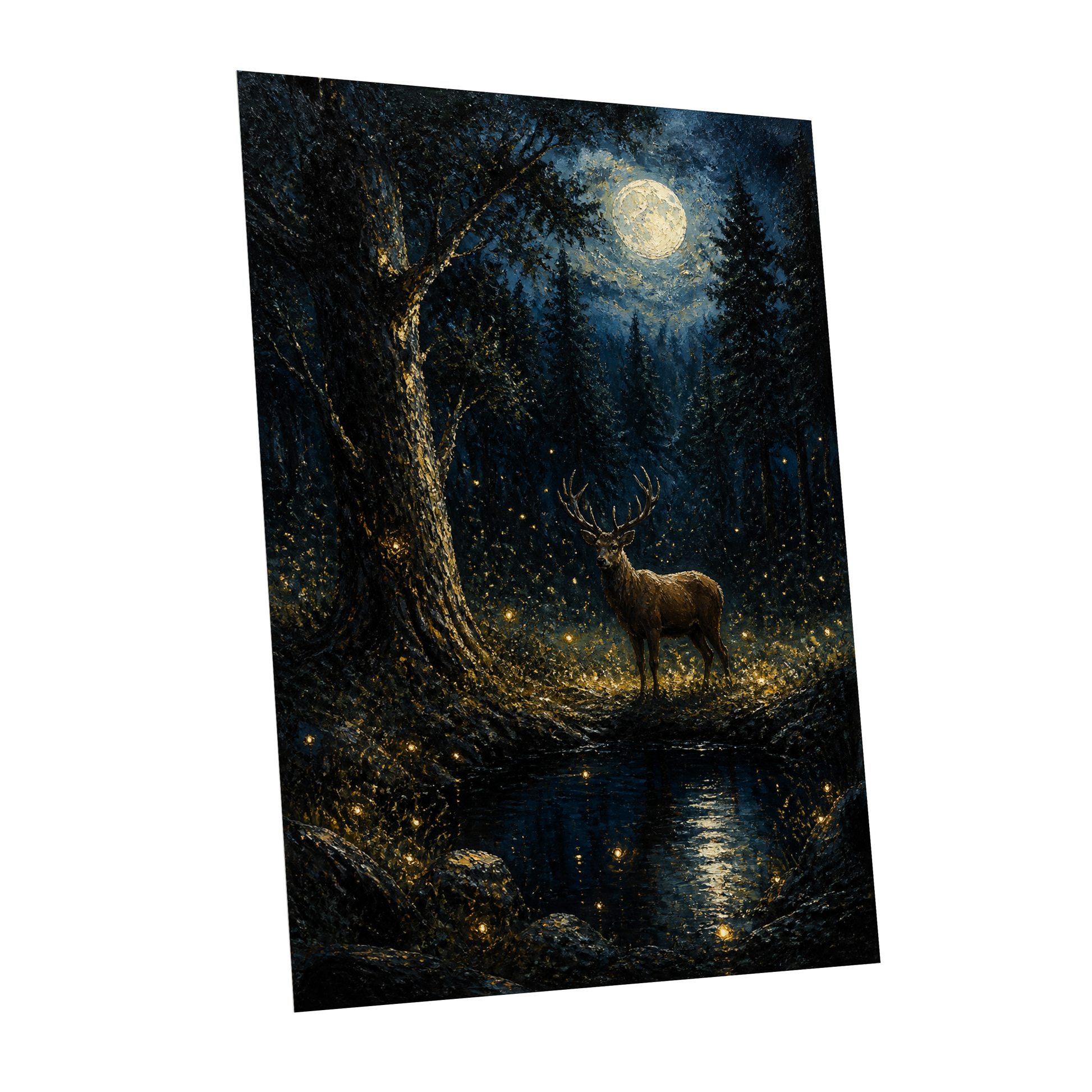 Moonlit Stag, black, blue, gold nature wall art shown as a unframed poster wall art print