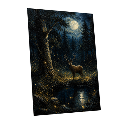 Moonlit Stag, black, blue, gold nature wall art shown as a unframed poster wall art print