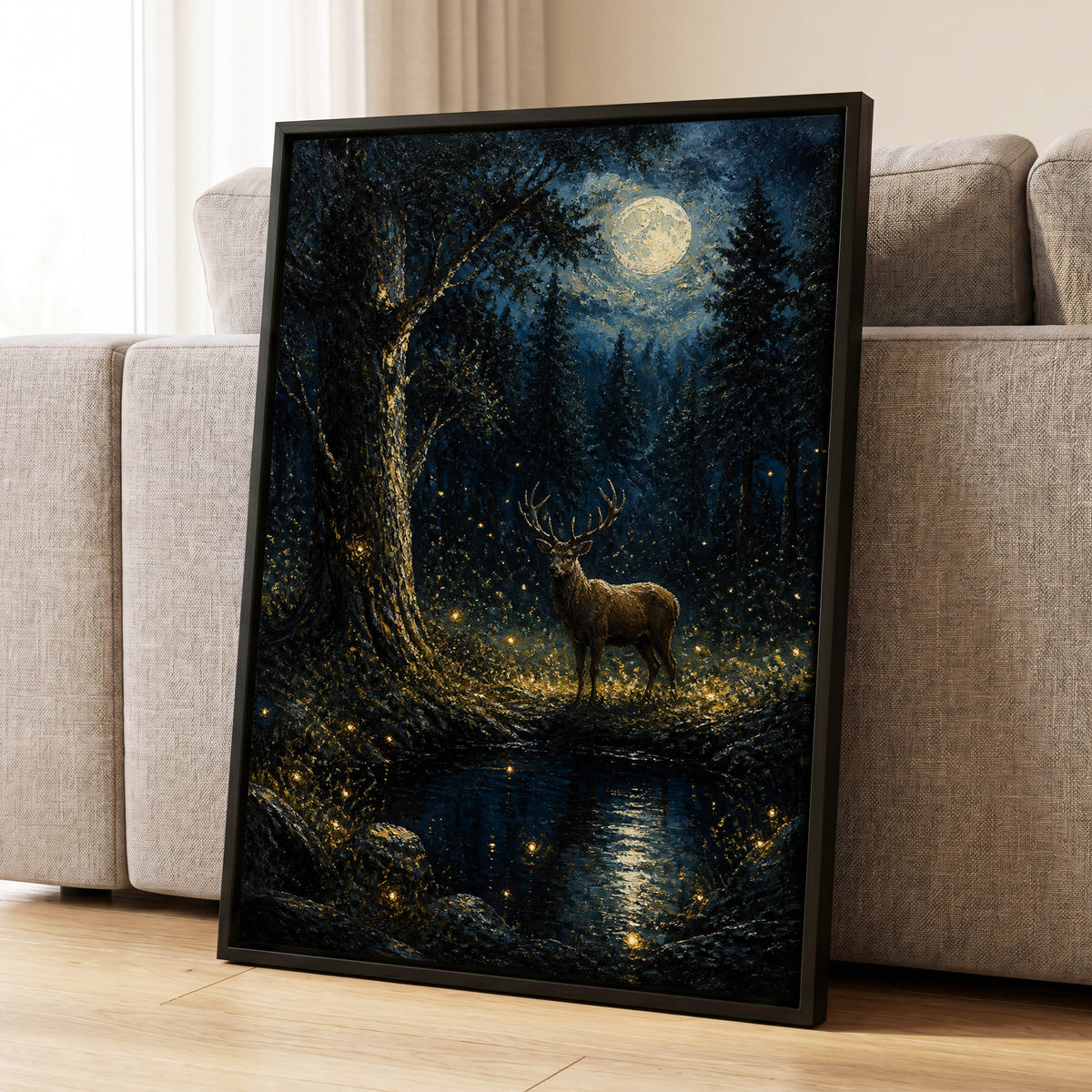 Moonlit Stag, black, blue, gold nature wall art displayed in a styled interior, gallery view 1